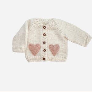 Cream Knit Baby Cardigan with Pink Heart Pockets